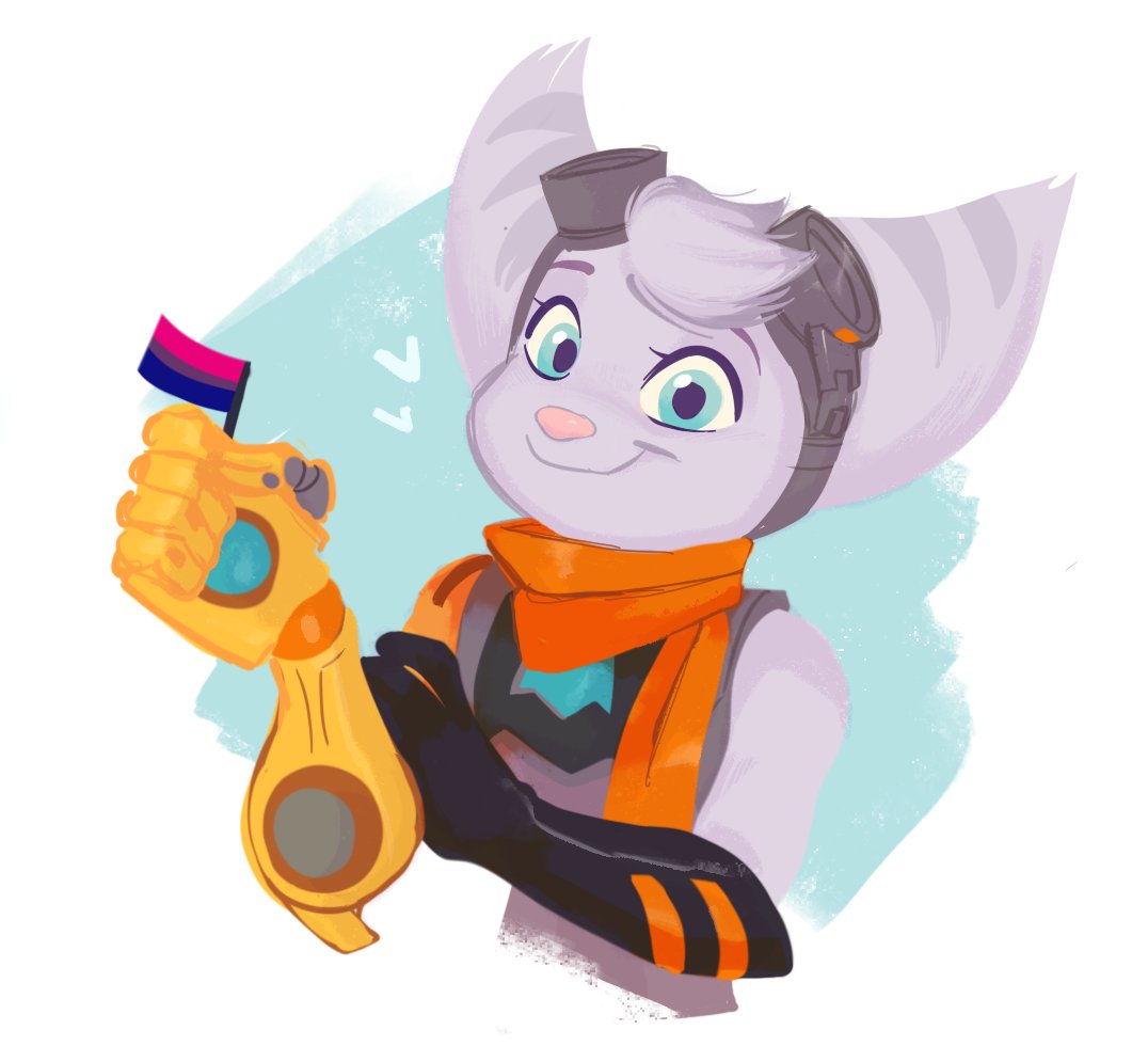 &lt;3 anthro bisexual_pride_colors clothing eyewear female flag gloves goggles handwear lgbt_pride lombax looking_at_viewer mammal mechanical_arm pride_colors ratchet_and_clank rivet_(ratchet_and_clank) scarf simple_background smile solo sony_corporation sony_interactive_entertainment waackery white_background