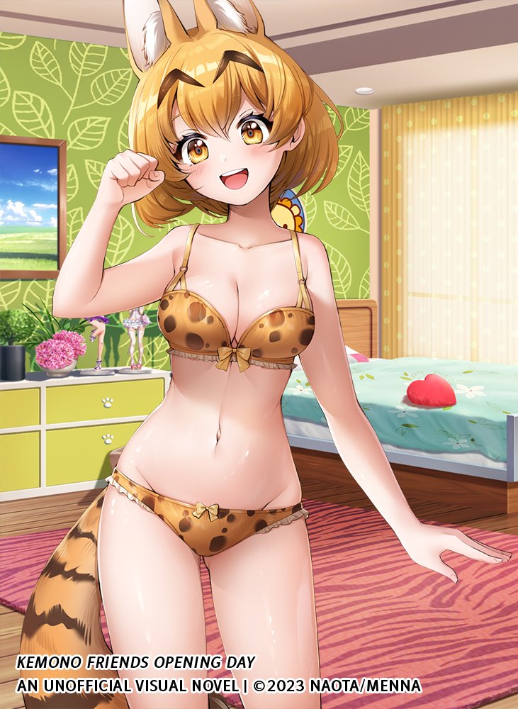 1girl :d animal_ear_fluff animal_ears arm_up artist_name bed bedroom bra breasts cat_ears cat_girl clenched_hand collarbone commentary copyright cowboy_shot curtains english_commentary english_text extra_ears hand_up heart heart_pillow indoors kemono_friends kemono_friends_opening_day large_breasts looking_at_viewer lowleg lowleg_panties menna_(0012) navel orange_bra orange_panties painting_(object) panties pillow second-party_source serval_(kemono_friends) serval_print short_hair smile solo tail underwear underwear_only window yellow_eyes