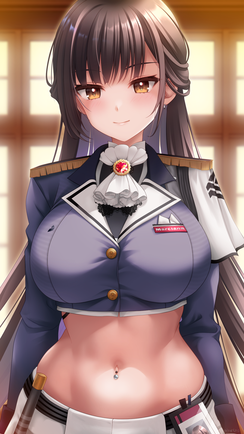1girl ascot black_jacket blush breasts brown_eyes brown_hair closed_mouth commentary_request cowboy_shot crop_top cropped_jacket earrings epaulettes goddess_of_victory:_nikke highres id_card indoors irori_(irorixc) jacket jewelry large_breasts long_hair looking_at_viewer marciana_(nikke) midriff military_jacket military_uniform name_tag navel navel_piercing paid_reward_available pants piercing riding_crop sidelocks smile solo standing taut_jacket tight_clothes tight_pants uniform white_ascot white_pants
