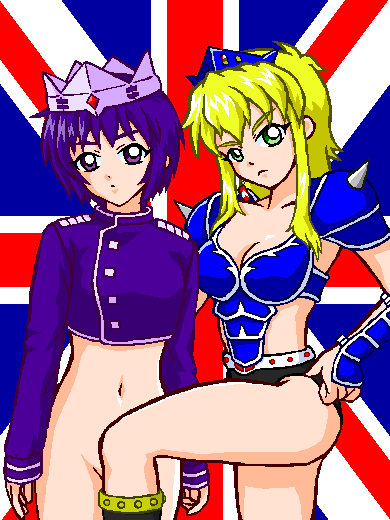 2girls arm_guards blonde_hair bottomless breasts chloe_(kinnikuman_nisei) cleavage commentary_request covering_another's_crotch cropped_jacket crown genderswap genderswap_(mtf) green_eyes kevin_mask kinnikuman kinnikuman_nisei masupanman medium_breasts multiple_girls purple_eyes purple_hair shoulder_pads shoulder_spikes sleeves_past_wrists spikes standing standing_on_one_leg tiara union_jack warsman