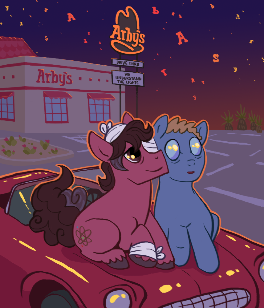 ambiguous_gender arby's bandage car carlos_the_scientist cecil_gershwin_palmer cheerykralie cutie_mark detailed_background duo earth_pony english_text equid equine feral hasbro hooves horse mammal my_little_pony ponification pony sitting text vehicle welcome_to_night_vale