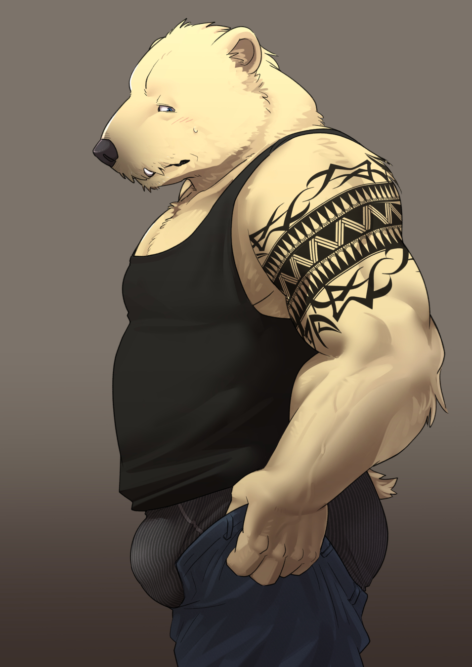 2023 anthro arm_tattoo bear biceps black_clothing black_shirt black_tank_top black_topwear blush bodily_fluids bottomwear bulge butt clothed clothing deltoids fangs forearm_muscles genital_outline grey_background hi_res kotori male mammal manly meme muscular pants partially_clothed pecs penis_outline polar_bear shirt shoulder_tattoo side_view simple_background solo standing sweat sweatdrop tank_top tattoo teeth tight_pants_(meme) topwear triceps underwear ursine