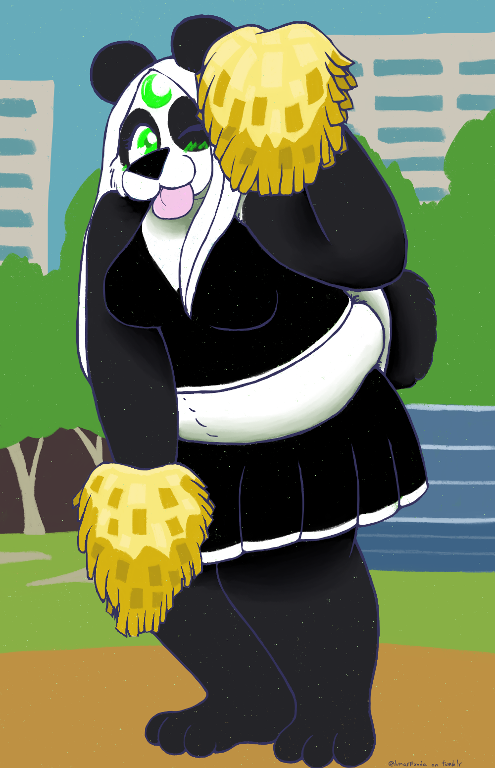 anthro barefoot bear bench black_body black_fur black_nose bottomwear breasts building cheerleader clothed clothing crop_top digital_media_(artwork) feet female fur fur_markings giant_panda grass green_eyes hair hi_res looking_at_viewer lunarpanda8686 mammal markings mika_(lunarpanda8686) one_eye_closed plant pom_poms round_ears shirt simple_background skirt sky slightly_chubby smile solo tail tongue tongue_out topwear tree white_body white_fur white_hair wink winking_at_viewer