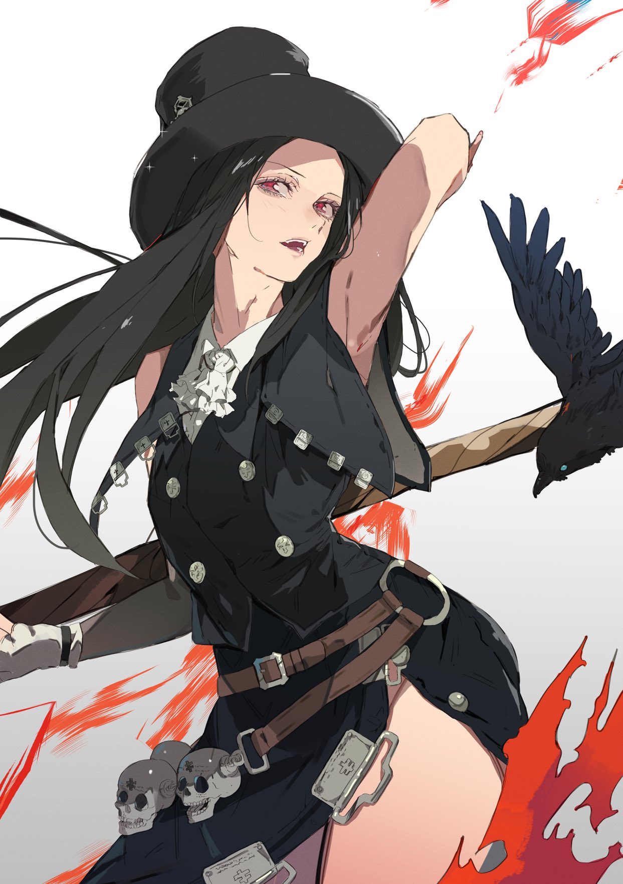 1other androgynous armpits ascot asymmetrical_sleeves bags_under_eyes bare_shoulders bird black_hair black_headwear blood collar crow fingerless_gloves gloves guilty_gear guilty_gear_strive hat highres holding holding_scythe long_hair looking_at_viewer open_mouth other_focus red_eyes scythe skull smile studded_collar testament_(guilty_gear) tinmoc top_hat white_ascot white_gloves