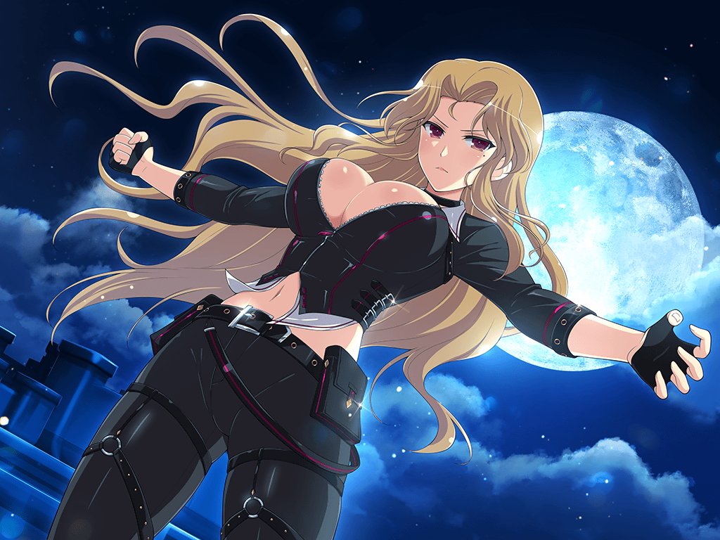 1girl belt belt_buckle belt_pouch black_belt black_choker black_gloves black_jacket black_pants blonde_hair blush breasts buckle choker cleavage clenched_hand cloud collar daidouji_(senran_kagura) fingerless_gloves full_moon gloves jacket large_breasts long_hair looking_at_viewer midriff mole mole_under_eye moon navel night o-ring o-ring_thigh_strap official_alternate_costume official_art outstretched_arms pants pouch red_eyes senran_kagura senran_kagura_burst senran_kagura_new_link senran_kagura_shoujo-tachi_no_shin'ei sky solo spread_arms standing star_(sky) starry_sky thigh_strap white_collar yaegashi_nan zipper