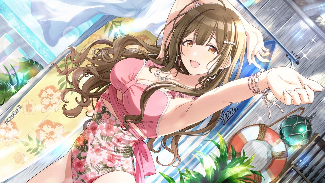 1girl ahoge armpits arms_up blush bracelet breasts brown_hair cleavage dutch_angle floral_print idolmaster idolmaster_shiny_colors jewelry kuwayama_chiyuki large_breasts lens_flare lifebuoy looking_at_viewer official_art one-piece_swimsuit outstretched_arm pink_one-piece_swimsuit smile solo stretching surfboard swimsuit