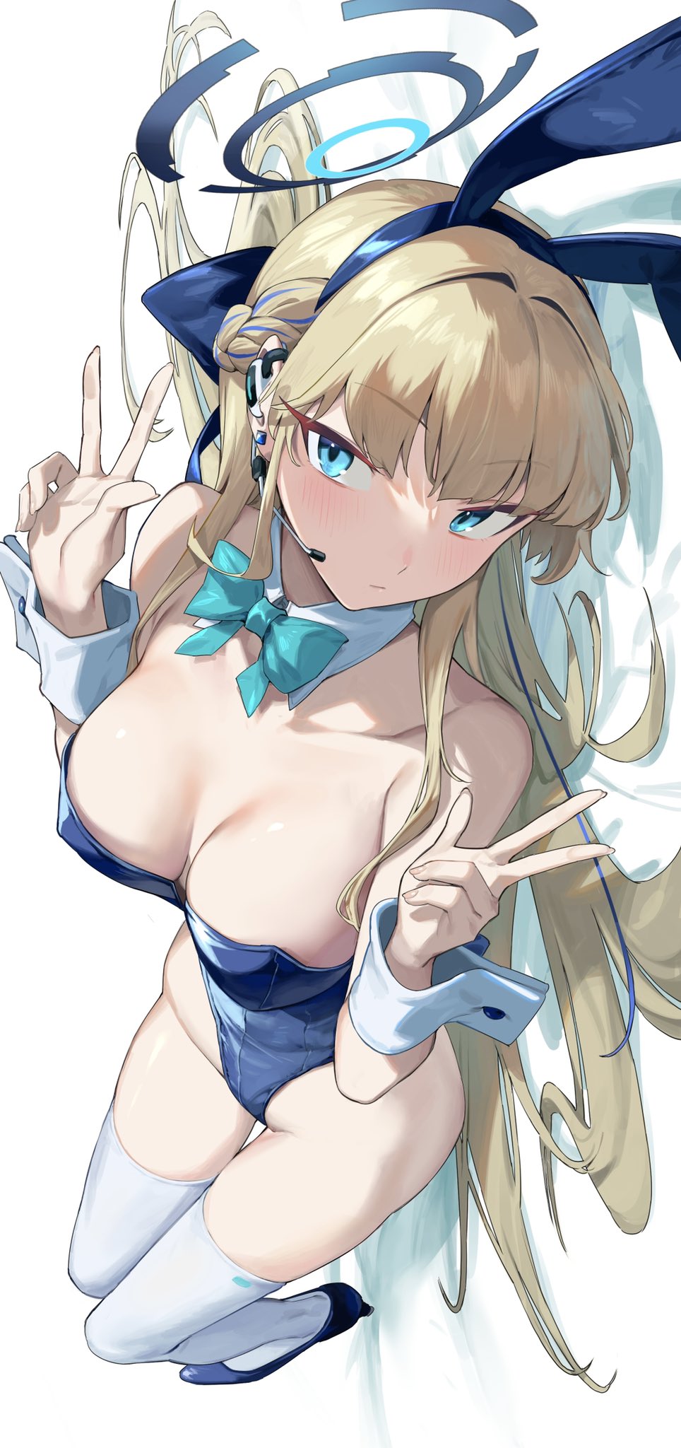 1girl animal_ears bare_shoulders blonde_hair blue_archive blue_bow blue_eyes blue_hairband blue_leotard bow bowtie braid breasts closed_mouth detached_collar double_w earpiece fake_animal_ears hairband halo highleg highleg_leotard highres leotard long_hair lying medium_breasts microphone nonco official_alternate_costume official_alternate_hairstyle on_back playboy_bunny rabbit_ears sideways solo thighhighs thighs toki_(blue_archive) toki_(bunny)_(blue_archive) very_long_hair w white_thighhighs wrist_cuffs