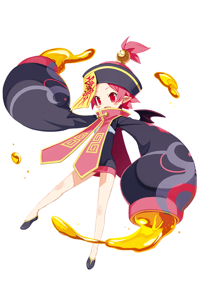 1girl bare_legs black_wings blush_stickers chinese_clothes demon_girl demon_wings disgaea disgaea_rpg earrings fang freckles full_body hanako_(disgaea) hat honey jewelry jiangshi non-web_source official_art ofuda open_mouth photoshop_(medium) pink_eyes pink_hair pointy_ears short_hair solo stud_earrings transparent_background wings