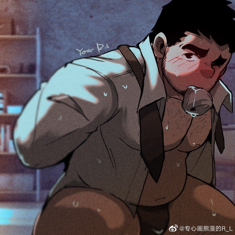 &gt;:( 1boy arms_behind_back bara bare_pectorals beard_stubble belly bulge collared_shirt feet_out_of_frame looking_at_viewer male_focus necktie open_clothes open_shirt original pectorals plump r.l_(2089184064) salaryman shirt short_hair sideburns sideways_glance sock_in_mouth solo squatting thick_eyebrows undone_necktie v-shaped_eyebrows very_sweaty