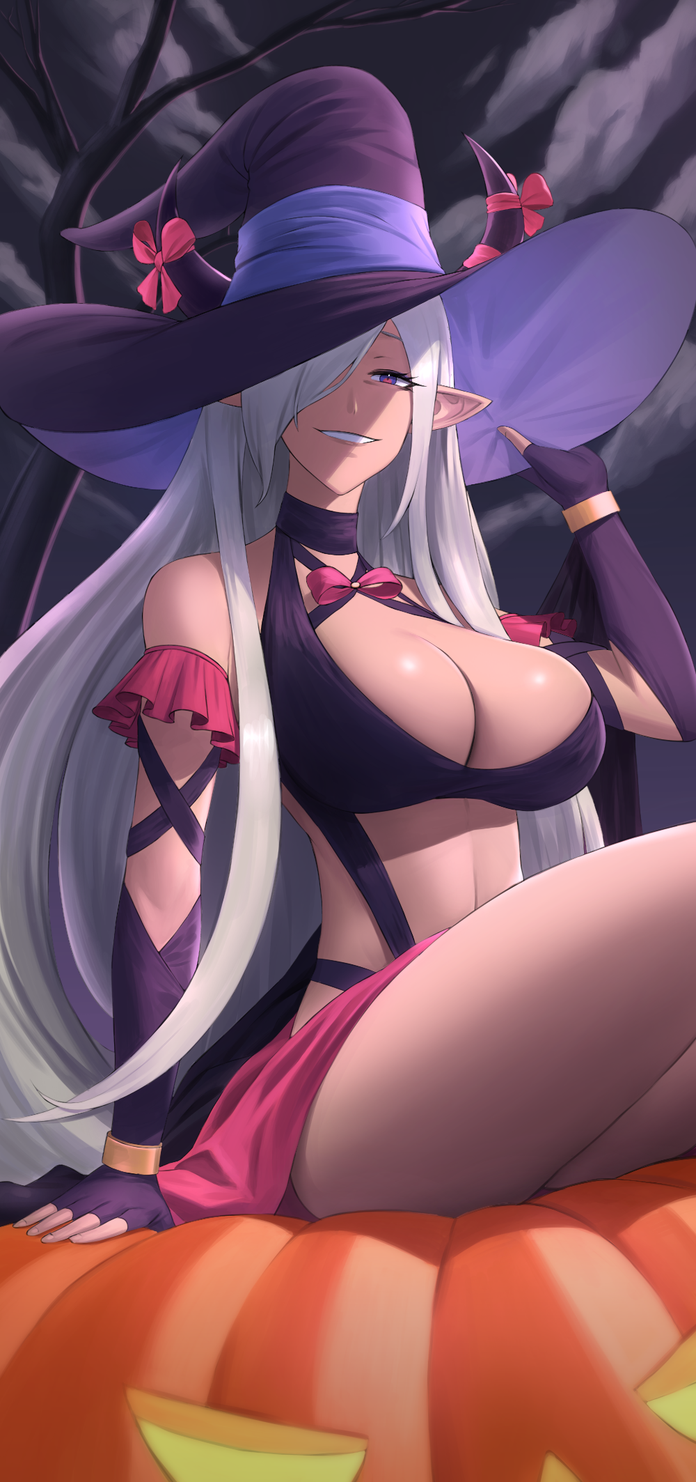 1girl asymmetrical_horns bare_shoulders breasts cleavage cloud cloudy_sky dragon_girl fire_emblem fire_emblem_engage grin hair_ornament hair_over_one_eye halloween halloween_costume hat highres horns large_breasts long_hair looking_at_viewer mature_female navel pointy_ears pumpkin purple_eyes purple_ribbon revealing_clothes ribbon shou_illust sitting sky smile solo tan tassel tassel_hair_ornament uneven_horns very_long_hair witch_hat zephia_(fire_emblem)