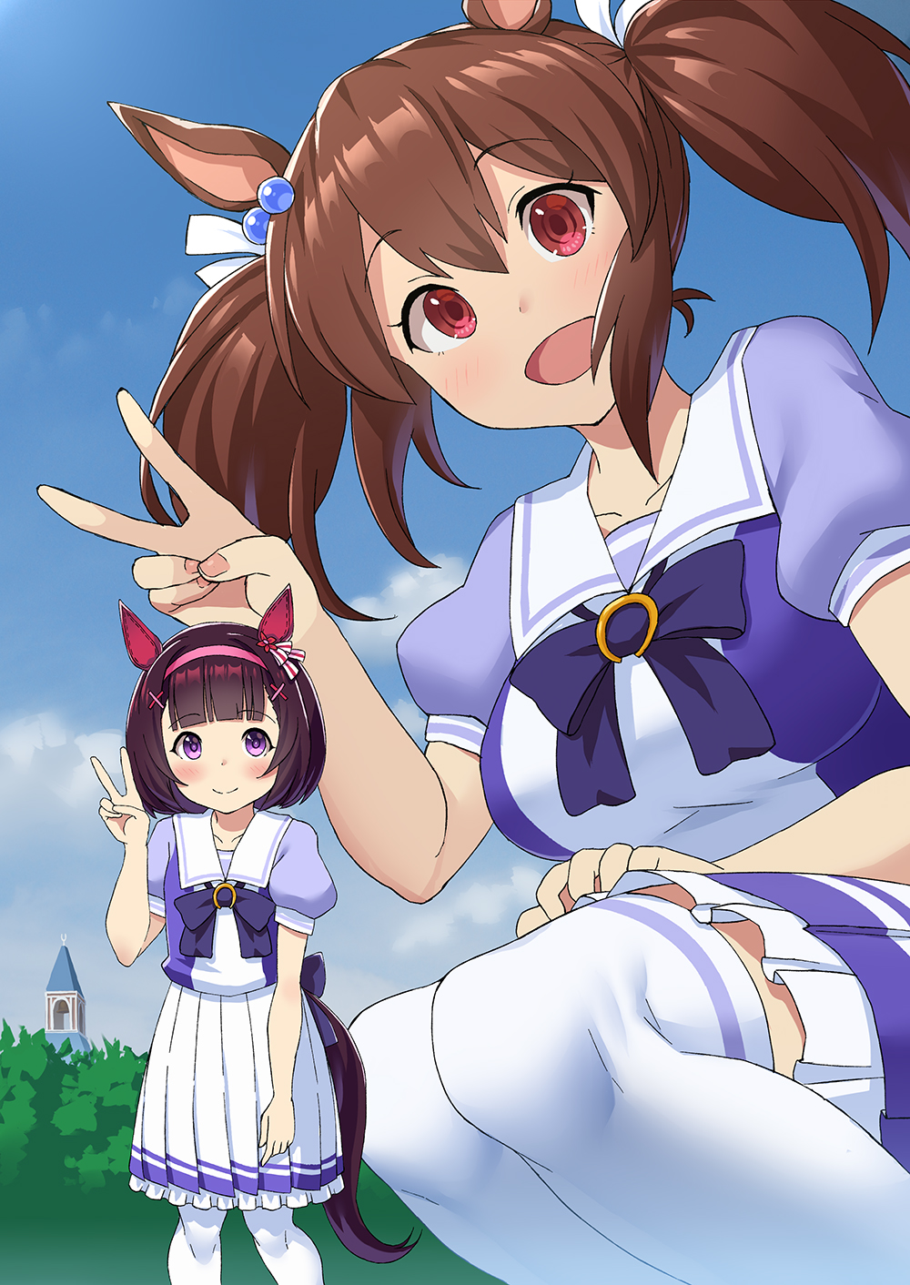 2girls animal_ears black_hair blush brown_hair closed_mouth collarbone day fingernails giant giantess hair_between_eyes hair_ornament hair_ribbon hairband highres hishi_akebono_(umamusume) horse_ears horse_girl horse_tail kuro_oolong long_hair multiple_girls nishino_flower_(umamusume) open_mouth outdoors pink_hairband pleated_skirt puffy_short_sleeves puffy_sleeves purple_eyes red_eyes ribbon school_uniform short_hair short_sleeves skirt smile tail thighhighs tracen_school_uniform twintails umamusume v white_ribbon white_skirt white_thighhighs x_hair_ornament