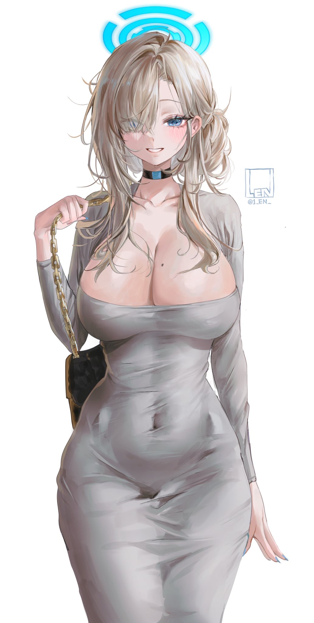 1girl alternate_costume alternate_hairstyle asuna_(blue_archive) bag black_bag black_choker blue_archive blue_eyes blue_nails breasts brown_hair choker cosplay covered_navel dongtan_lady_(k_pring) dongtan_lady_(k_pring)_(cosplay) dress hair_over_one_eye halo highres large_breasts leni_(1_en) long_hair long_sleeves looking_at_viewer mole mole_on_breast parted_lips shoulder_bag sidelocks simple_background smile standing swept_bangs white_background white_dress
