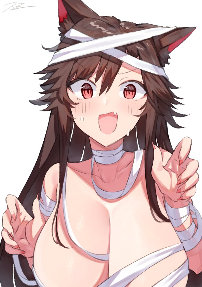 1girl animal_ears blush breasts brown_eyes brown_hair cleavage commentary_request fang fingernails huge_breasts imaizumi_kagerou long_fingernails long_hair looking_at_viewer mummy_costume open_mouth ringed_eyes signature simple_background skin_fang solo suminagashi sweat touhou upper_body white_background wolf_ears wolf_girl