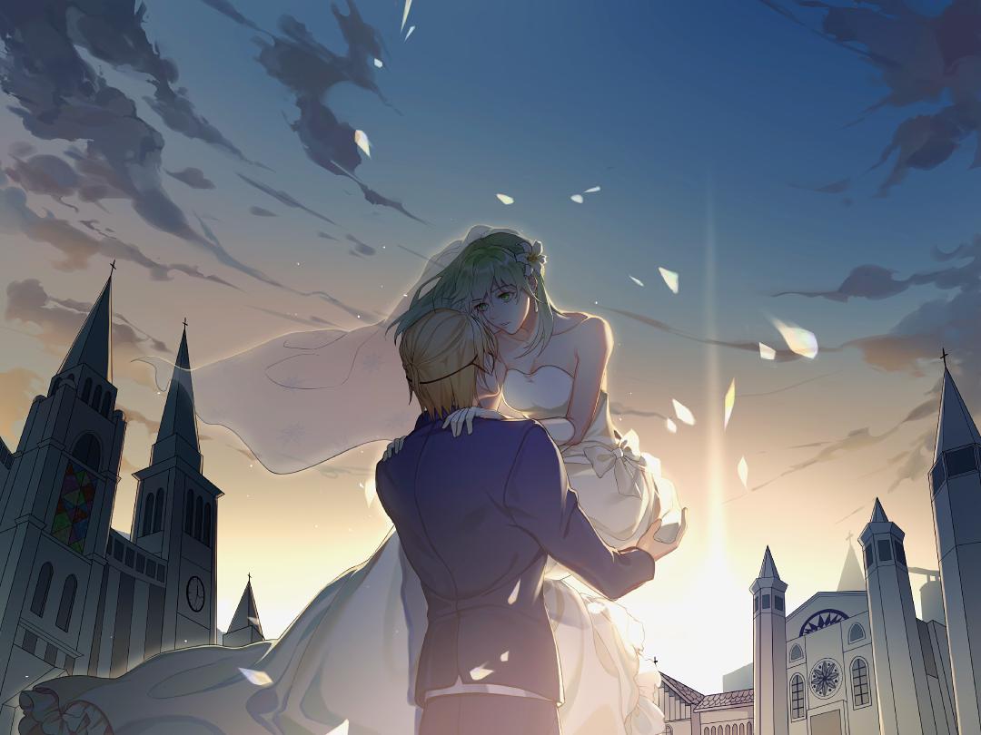 1boy 1girl bare_shoulders blonde_hair blue_jacket breasts bridal_veil bride byleth_(female)_(fire_emblem) byleth_(fire_emblem) carrying church cloud cloudy_sky dimitri_alexandre_blaiddyd dress enlightened_byleth_(female) eyepatch fire_emblem fire_emblem:_three_houses flower green_hair hair_flower hair_ornament hands_on_another's_shoulders husband_and_wife jacket kyounatsuuu lily_(flower) long_dress long_hair long_sleeves looking_at_another medium_breasts outdoors princess_carry short_hair sky strapless strapless_dress sunset upper_body veil wedding wedding_dress white_dress white_flower