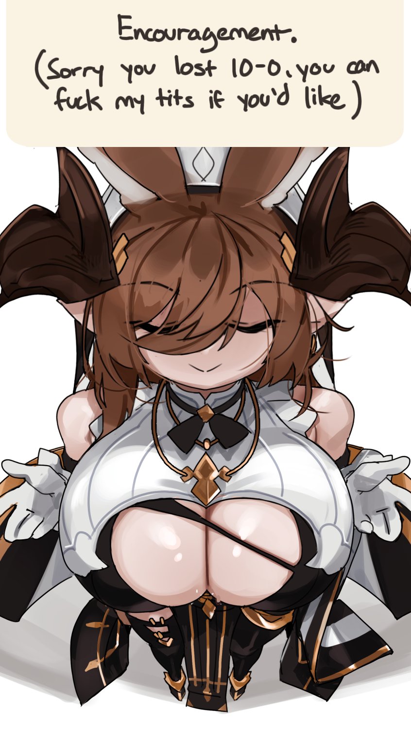 1girl bare_shoulders black_ribbon breast_focus breasts brown_hair closed_eyes english_text foreshortening from_above full_body galleon_(granblue_fantasy) gloves granblue_fantasy highres horns large_breasts paizuri_invitation ribbon shortstack solo standing torn_clothes white_background white_gloves zanamaoria