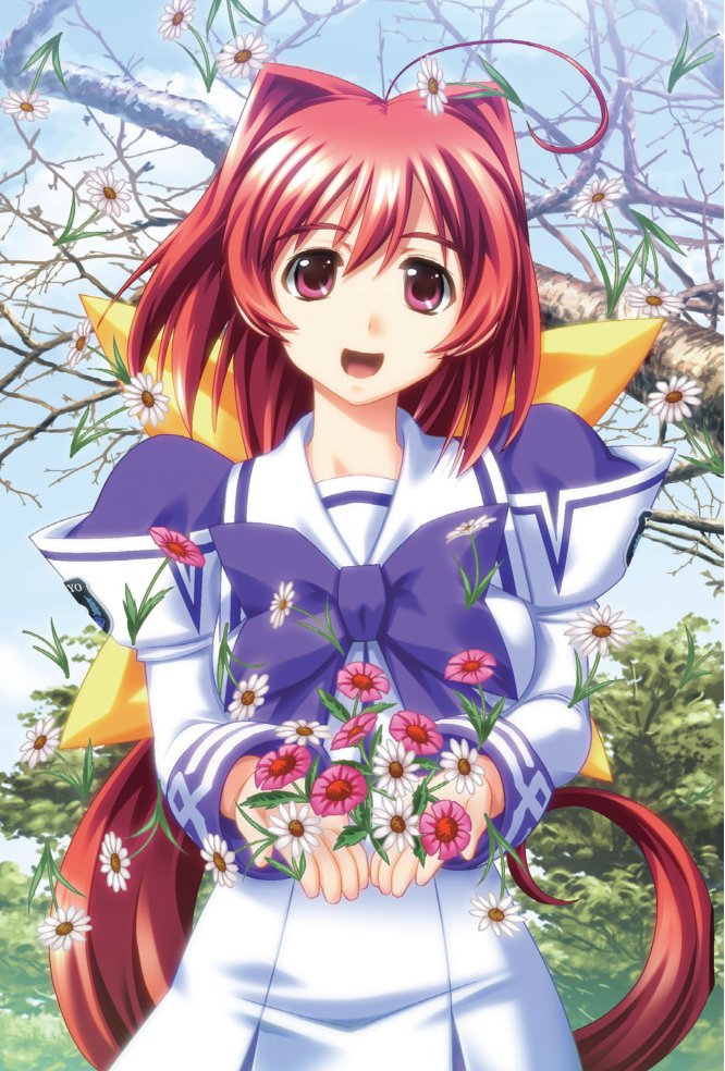 1girl :d ahoge bou bow flower hair_bow hair_intakes hakuryou_high_school_uniform juliet_sleeves kagami_sumika long_hair long_sleeves looking_at_viewer low_ponytail muv-luv official_art open_mouth ponytail puffy_sleeves purple_bow red_eyes red_hair ribbon school_uniform skirt smile solo very_long_hair white_skirt yellow_bow yellow_ribbon