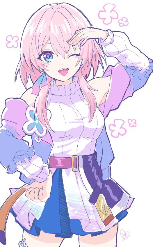 1girl belt blue_eyes blue_jacket blue_skirt breasts commentary_request cowboy_shot earrings flower_ornament hand_on_own_hip hand_up high_belt honkai:_star_rail honkai_(series) jacket jewelry layered_skirt looking_at_viewer march_7th_(feast)_(honkai:_star_rail) march_7th_(honkai:_star_rail) medium_breasts medium_hair miniskirt multicolored_clothes multicolored_jacket multicolored_skirt official_alternate_costume one_eye_closed open_mouth pink_eyes pink_hair purple_belt purple_jacket purple_skirt simple_background single_earring skirt sleeveless sleeveless_sweater smile solo sweater two-tone_eyes white_background white_skirt white_sleeves white_sweater xx0o_ai_o0xx