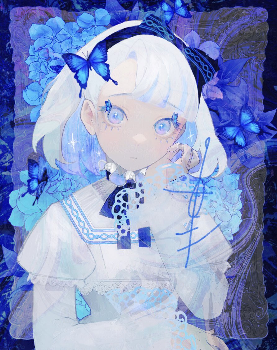 1girl black_bow black_bowtie black_headband blue_butterfly blue_eyes blue_flower bow bowtie bug butterfly butterfly_hair_ornament commentary dress eyelash_ornament flower hair_ornament ham_melon_(iloha_24) headband original solo symbol-only_commentary white_dress white_hair