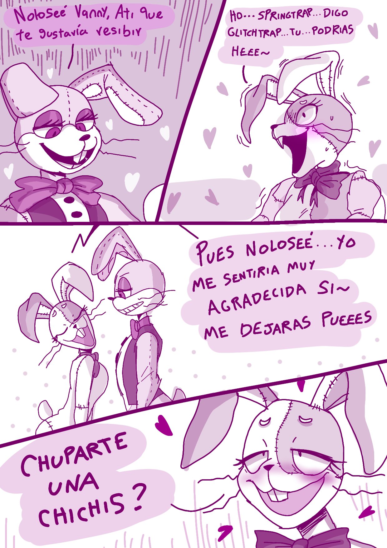 &lt;3 anthro blush bow_accessory buckteeth clothing comic dialogue duo female five_nights_at_freddy's glitchtrap happy hi_res lagomorph leporid male mammal rabbit renita_reed scottgames scut_tail short_tail simple_background spanish_text speech_bubble sweater tail teeth text topwear vanny_(fnaf) whiskers white_background