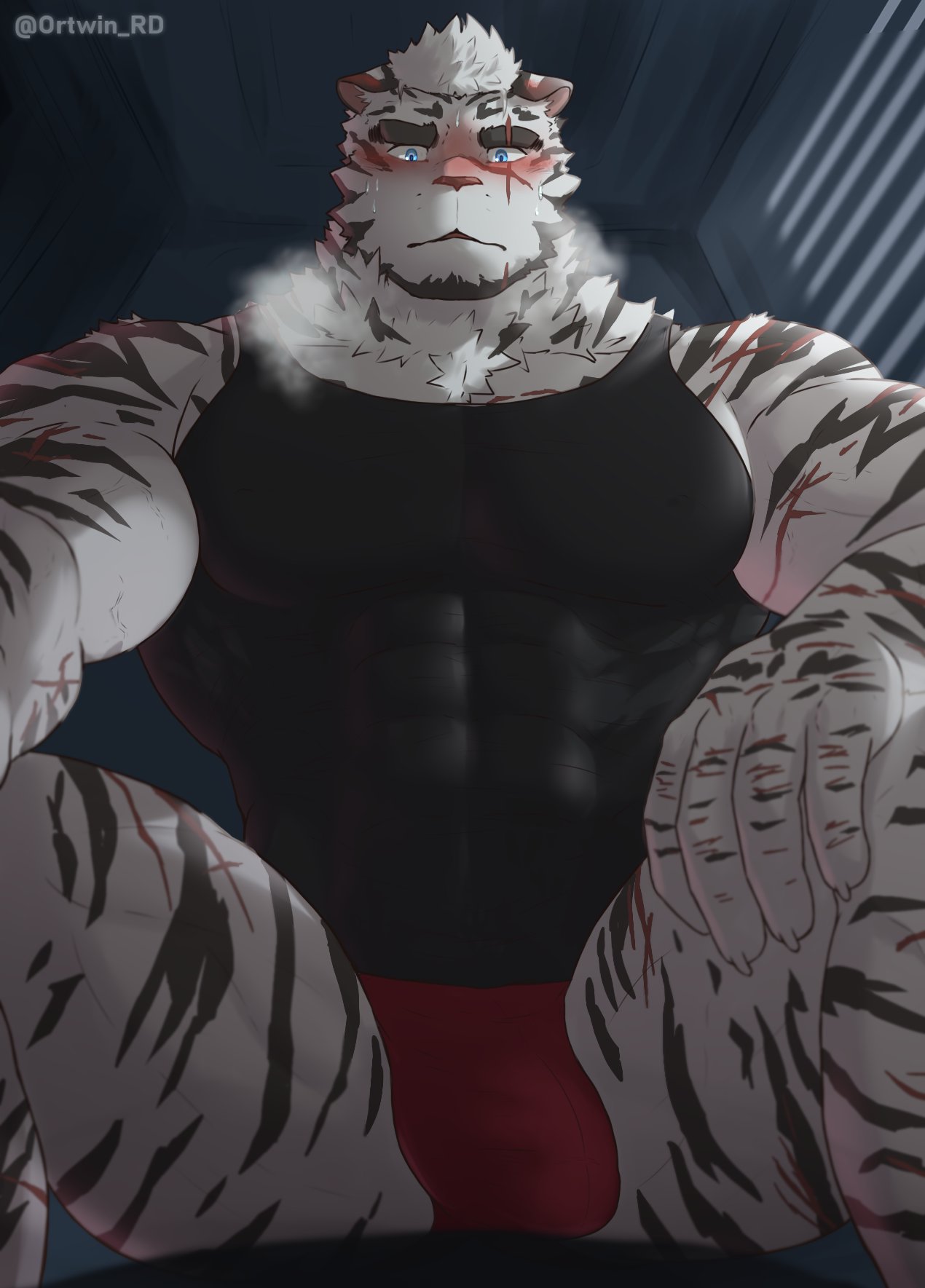 1boy abs animal_ears arknights bara black_tank_top blush breath briefs bulge covered_abs ear_blush ears_down facial_hair feet_out_of_frame from_below furry furry_male goatee heavy_breathing highres large_hands large_pectorals looking_at_viewer male_focus male_underwear manspreading mountain_(arknights) muscular muscular_male navel nipples no_pants orea-doi pectorals red_male_underwear scar scar_across_eye short_hair solo stomach tank_top thick_eyebrows thick_thighs thighs tiger_boy tiger_ears topless_male underwear v-taper white_fur white_hair