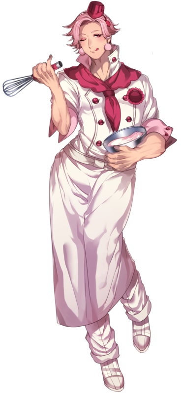 1boy ascot bowl chef closed_mouth earrings full_body hair_intakes hat holding holding_bowl holding_whisk jewelry katagiri_hachigou male_focus mini_hat one_eye_closed personification pink_ascot pink_eyes pink_hair pink_headwear pokemon pom_pom_(clothes) pom_pom_earrings short_hair simple_background slurpuff smile solo tongue tongue_out whisk white_background