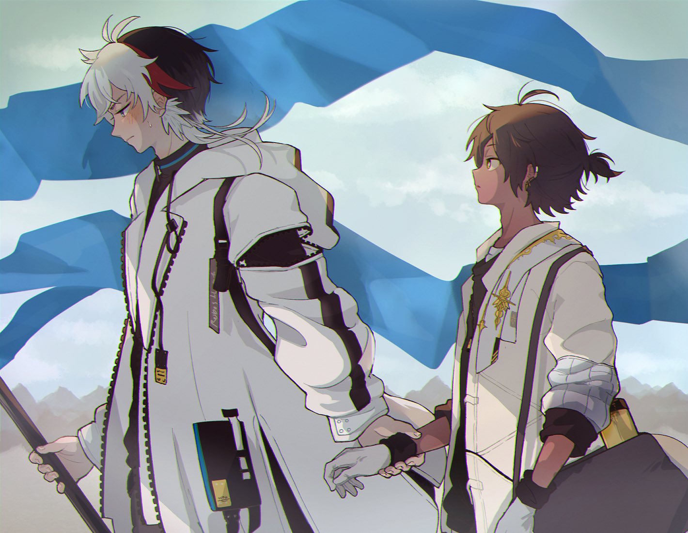 2boys ahoge arknights arouni22 bag black_hair black_shirt blue_sky blush brown_coat coat commentary earclip elysium_(arknights) embarrassed feather_hair flag from_side gloves grey_eyes holding holding_another's_wrist holding_flag hooded_coat long_sleeves looking_at_another looking_up mountainous_horizon multicolored_hair multiple_boys outdoors profile red_hair shirt short_ponytail sky sleeves_rolled_up streaked_hair thorns_(arknights) undershirt white_coat white_gloves white_hair yaoi yellow_eyes