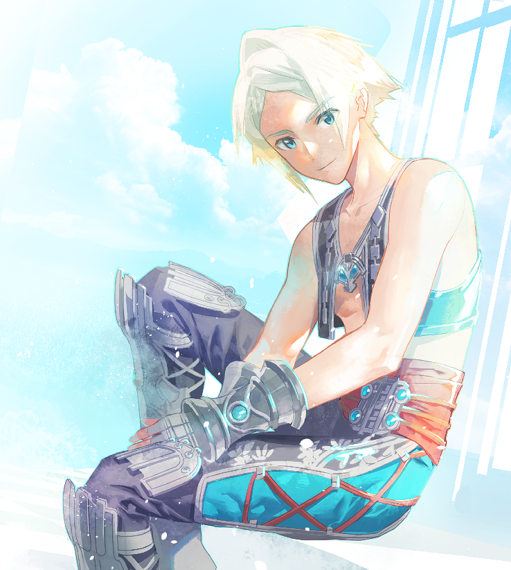 1boy blonde_hair blue_eyes closed_mouth cloud cofffee collarbone cropped final_fantasy final_fantasy_xii fingerless_gloves gloves jewelry looking_at_viewer male_focus revision short_hair smile solo vaan vest