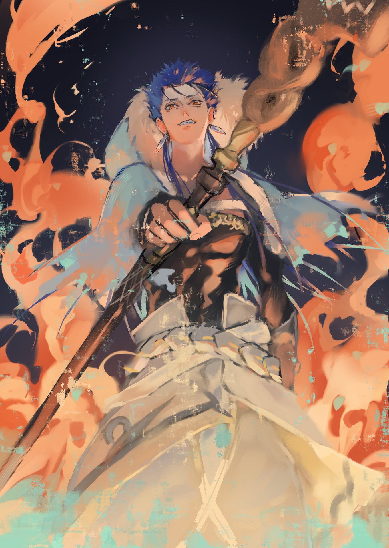 1boy black_gloves blue_hair capelet casting_spell cu_chulainn_(caster)_(fate) cu_chulainn_(fate) earrings fate/grand_order fate_(series) fingerless_gloves from_below fur-trimmed_hood fur_trim gloves grin highres holding holding_staff hood hooded_capelet jewelry long_hair looking_at_viewer male_focus red_eyes savamisooon smile solo staff wooden_staff