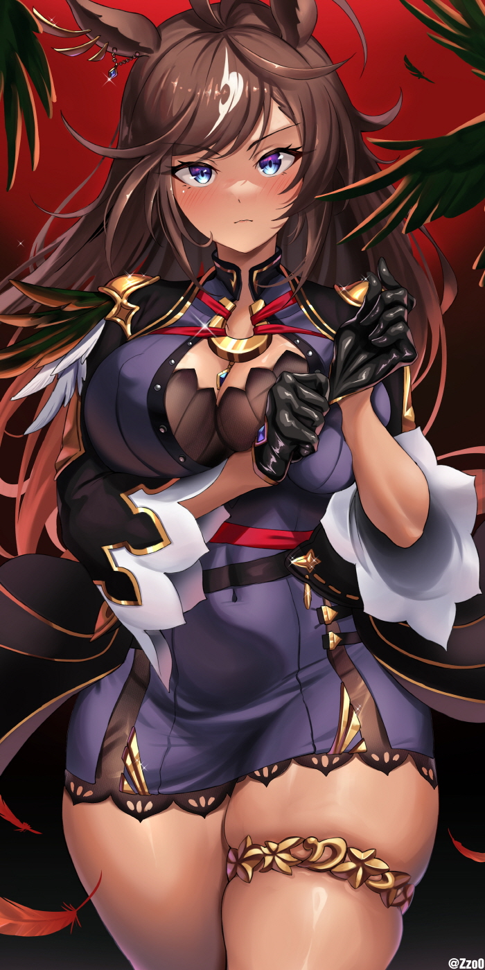 1girl black_gloves blue_eyes breast_press breasts brown_hair cleavage closed_mouth covered_navel covered_nipples cowboy_shot curvy dress duramente_(umamusume) feathers gloves highres horse_girl large_breasts pencil_dress purple_dress putting_on_gloves short_dress skindentation straight-on thighlet thighs umamusume zzo0