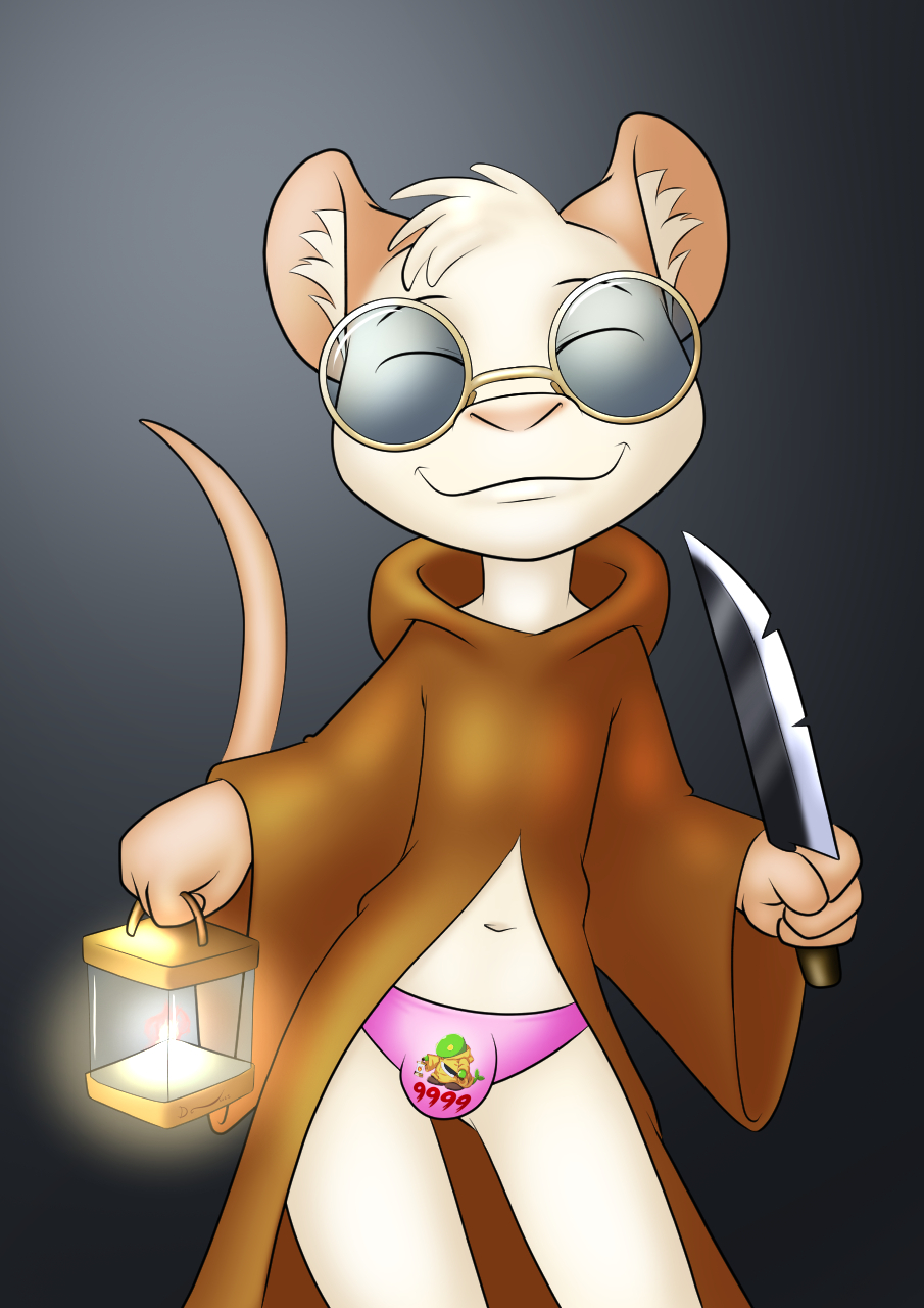 2023 anthro biped biscuit_(biscuits) brown_clothing brown_robe bulge chibi clothed clothing cosplay danaume eyebrows eyes_closed eyewear final_fantasy front_view glasses head_tuft hi_res holding_knife holding_lantern holding_object holding_weapon inner_ear_fluff knife lamp lantern male mammal mouse murid murine navel open_clothing open_robe pink_nose robe rodent round_glasses simple_background smile solo square_enix standing tonberry tonberry_costume tuft underwear weapon white_body