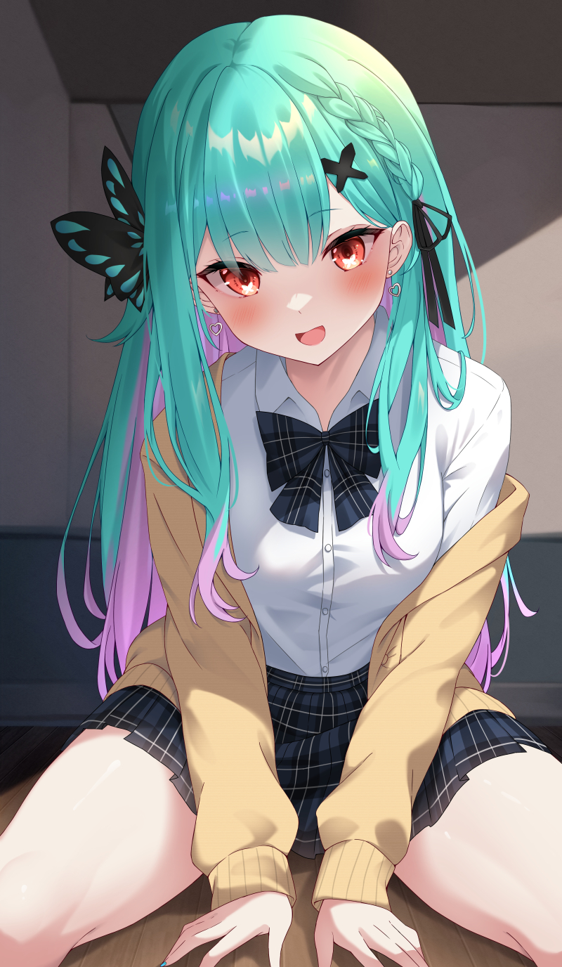 1girl aqua_hair black_skirt blush bow braid bug butterfly butterfly-shaped_pupils butterfly_hair_ornament colored_inner_hair earrings green_nails hair_between_eyes hair_bow hair_ornament heart heart_earrings highres hololive indoors jewelry kurono_yuzuko long_hair looking_at_viewer multicolored_hair official_alternate_costume official_alternate_hairstyle plaid plaid_skirt purple_hair red_eyes shirt side_braid sitting skirt solo uruha_rushia uruha_rushia_(school_uniform) virtual_youtuber white_shirt wooden_floor x_hair_ornament