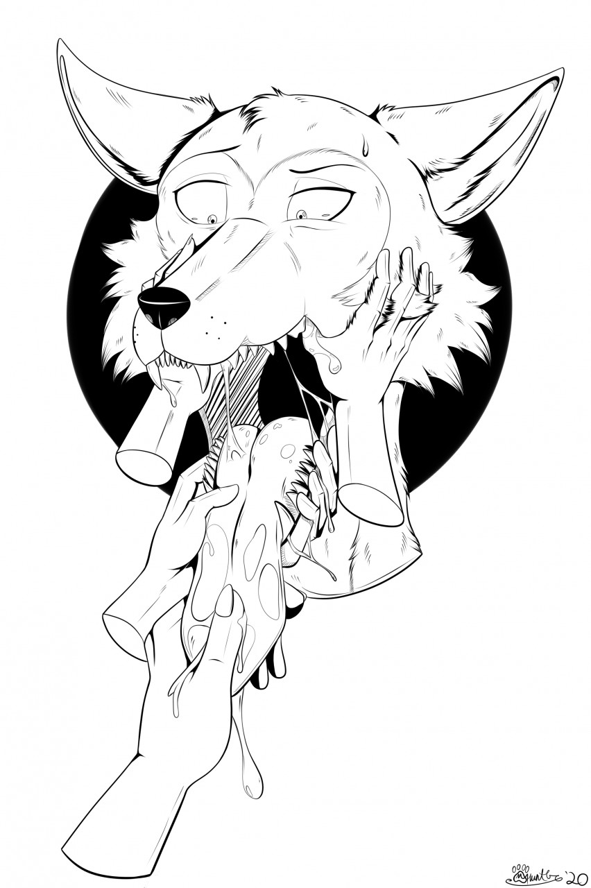 2020 anthro beastars bodily_fluids canid canine canis disembodied_hand fangs fur half-closed_eyes headshot_portrait hi_res holding_tounge legoshi_(beastars) looking_down male mammal marcushunter mouth_play narrowed_eyes open_mouth portrait saliva saliva_on_tongue saliva_string signature solo sweat sweatdrop teeth tongue tongue_out wolf