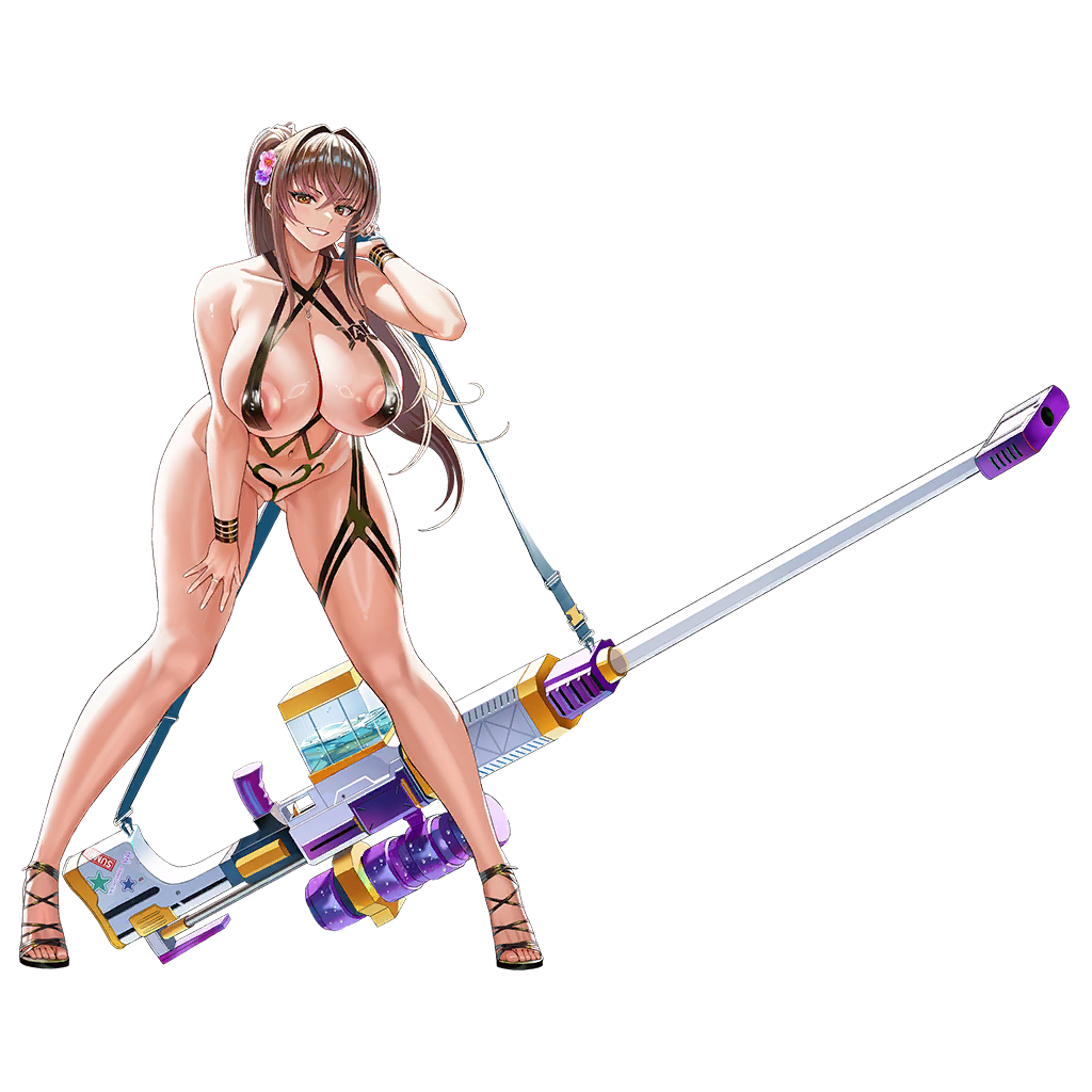 1girl anti-materiel_rifle areola_slip ass_visible_through_thighs asymmetrical_bikini bikini bikini_top_only black_bikini black_footwear bracelet breasts brown_eyes brown_hair cleavage collarbone covered_nipples criss-cross_halter duct_tape english_text flower from_below full_body game_cg grin groin groin_tendon gun hair_between_eyes hair_flower hair_ornament halterneck hand_on_own_thigh heart_bikini hibiscus high_heels holding holding_gun holding_weapon huge_breasts huge_weapon jewelry last_origin leaning_forward legs_apart linea_alba long_hair looking_at_viewer micro_bikini nail_polish navel necklace nipple_slip nipples official_alternate_costume official_art open_mouth partially_visible_vulva pasties pink_flower ponytail puffy_nipples purple_flower rifle ring royal_arsenal shiny_skin simple_background smile sniper_rifle solo standing star_sticker sticker strappy_heels swimsuit tachi-e taesi tape tape_on_nipples tape_on_pussy thick_thighs thigh_strap thighs third-party_source transparent_background water_gun weapon white_nails