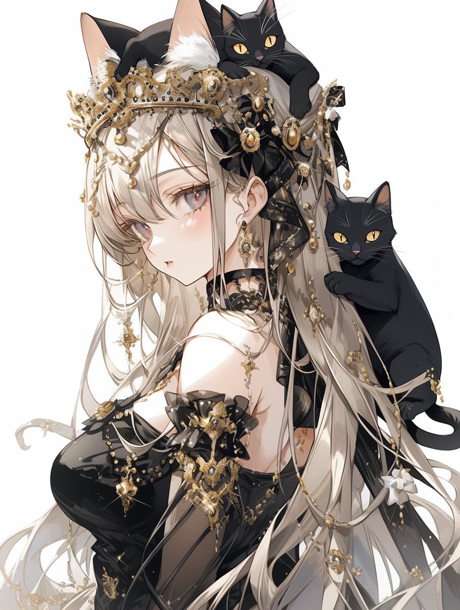 1girl animal_ears armpit_crease bare_shoulders black_bow black_cat black_dress black_ribbon blue_eyes body_jewelry bow breasts brooch cat cat_ears cat_girl commentary_request detached_sleeves dress from_side grey_hair hair_bow hair_ribbon highres jewelry large_breasts light_blush long_hair original pale_skin parted_lips red_pupils ribbon solo tarte_(hodarake) tiara upper_body very_long_hair