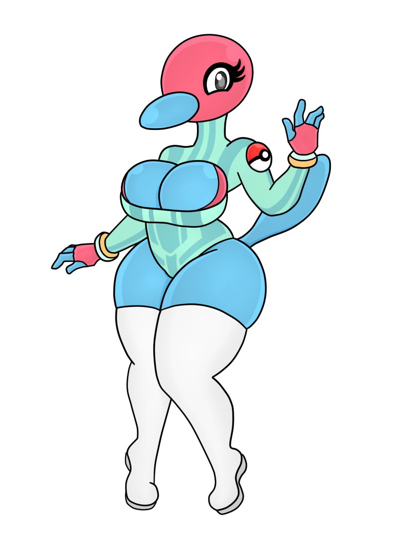 4_arms anthro armwear beak big_breasts black_eyes blue_body blue_clothing boots breasts clothing eyelashes female footwear generation_2_pokemon multi_arm multi_limb nintendo pokemon pokemon_(species) porygon2 shoes simple_background solo tail thick_thighs urusee584 white_background white_boots white_clothing white_footwear