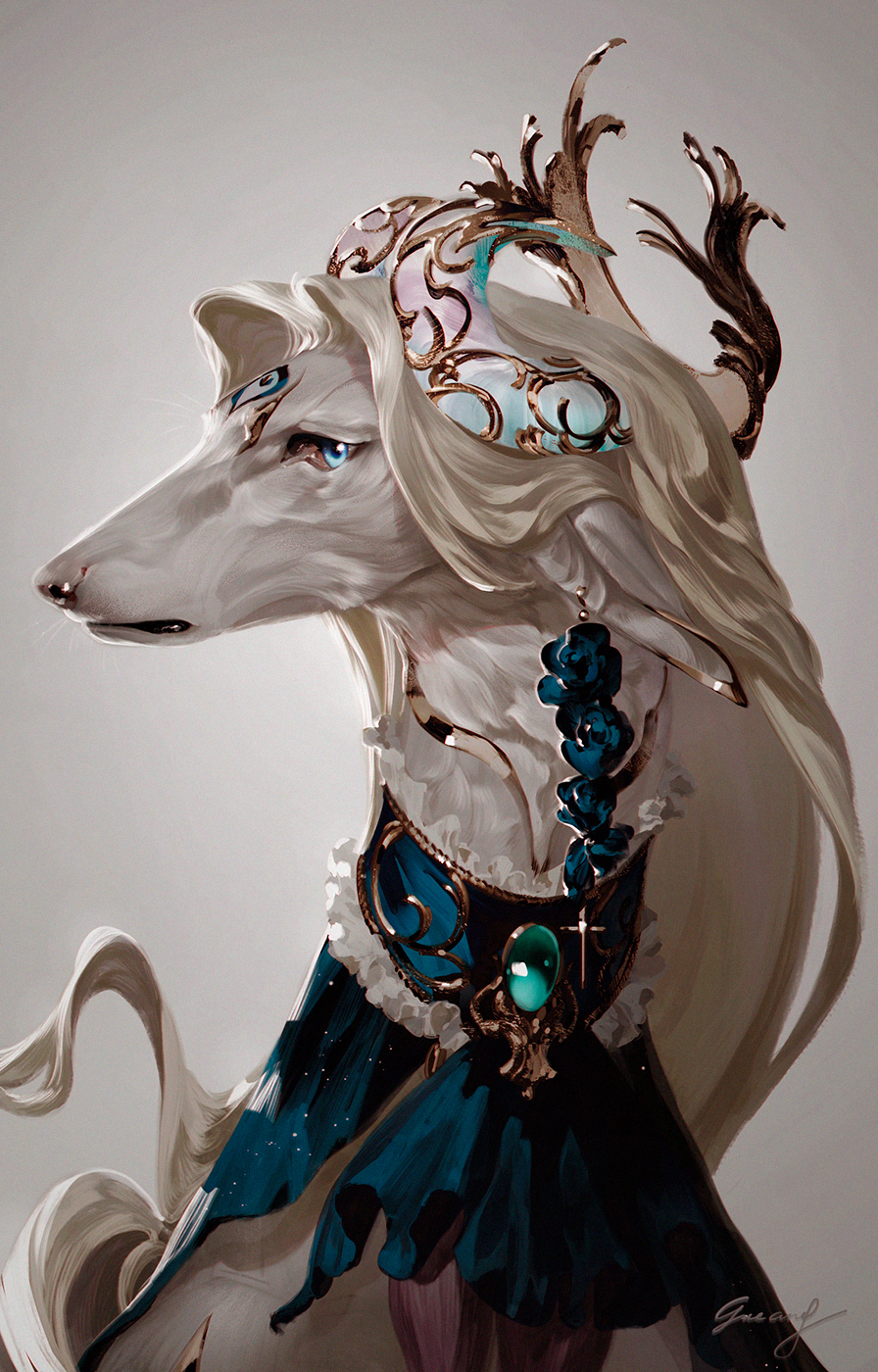 2023 ambiguous_gender anthro blue_clothing blue_eyes clothing collar crucifix ear_piercing ear_ring fur gem gveanel hair hi_res jewelry long_ears long_hair looking_at_viewer metal piercing ring_piercing side_view simple_background snout solo unknown_species white_background white_body white_fur white_hair