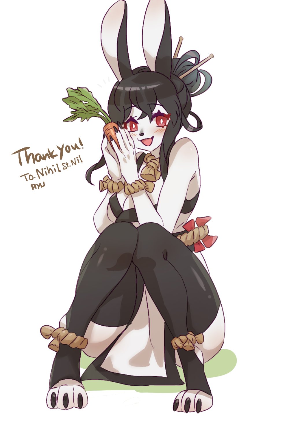 2023 2:3 2d_(artwork) 3_toes accessory anklet anthro arms_bent asian_clothing bangs bare_shoulders bent_legs biped black_clothing black_ears black_eyebrows black_hair black_legwear black_nails black_nose black_thigh_highs black_toe_claws blush blush_lines bracelet breasts carrot circe_ciri claws cleavage clothed clothed_anthro clothed_female clothing colored_nails ears_up east_asian_clothing english_text exclamation eyebrow_through_hair eyebrows eyelashes feet female female_anthro fingers food front_view full-length_portrait garyu410 hair hair_accessory hair_bun hair_sticks hi_res holding_carrot holding_food holding_object holding_vegetable japanese_clothing japanese_description jewelry lagomorph legwear leporid long_bangs long_ears long_hair looking_at_viewer mammal monotone_arms monotone_breasts monotone_clothing monotone_ears monotone_fingers monotone_hair monotone_hands monotone_inner_ear monotone_legwear monotone_neck monotone_text monotone_thigh_highs monotone_toes multicolored_clothing nails necklace obijime open_mouth open_smile pelvic_curtain plant portrait pupils rabbit red_eyes rope_necklace signature simple_background sitting sleeveless smile smiling_at_viewer solo tan_bracelet tan_jewelry tan_necklace text thigh_highs toe_claws toes translucent translucent_hair two_tone_clothing vegetable white_arms white_body white_breasts white_clothing white_face white_feet white_fingers white_hands white_inner_ear white_neck white_pupils white_text white_toes