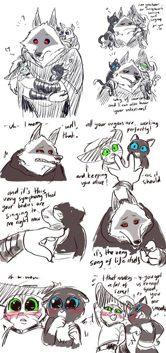 anthro big_eyes bisexual blushing_profusely bodily_fluids canid canine canis chihuahua death_(puss_in_boots) dialogue domestic_cat domestic_dog dreamworks embrace english_text felid feline felis female feral flustered group hug interspecies interspecies_relationship kitty_softpaws male male/female male/male mammal perrito_(puss_in_boots) polyamory puss_in_boots_(dreamworks) puss_in_boots_(film) puss_in_boots_the_last_wish size_difference smitten standing sweat tabby_cat talking_to_another talking_to_partner text toy_dog ultimatellurker wolf