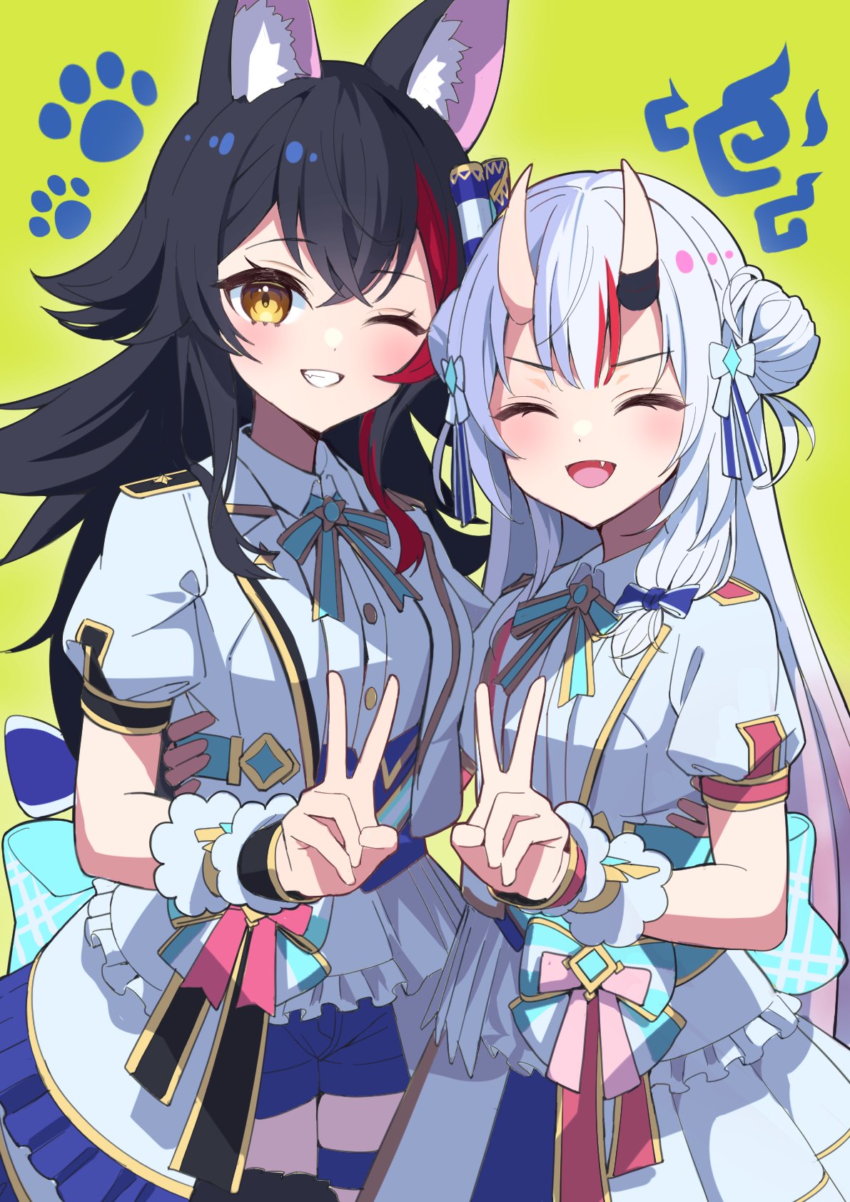 2girls animal_ear_fluff animal_ears back_bow black_hair blonde_hair blue_shorts bow bowtie closed_mouth collared_shirt double_bun fang frilled_jacket frilled_shirt frills gradient_hair hair_bow hair_bun hair_ornament hand_on_another's_waist highres hololive horns idol_clothes jacket long_hair looking_at_viewer midori_matsukaze multicolored_hair multiple_girls nakiri_ayame one_eye_closed oni oni_horns ookami_mio paw_print paw_print_background puffy_short_sleeves puffy_sleeves red_hair shirt short_sleeves shorts simple_background smile streaked_hair tail tail_around_leg tail_wrap v virtual_youtuber white_hair white_shirt wolf_ears wolf_girl wolf_tail yellow_background