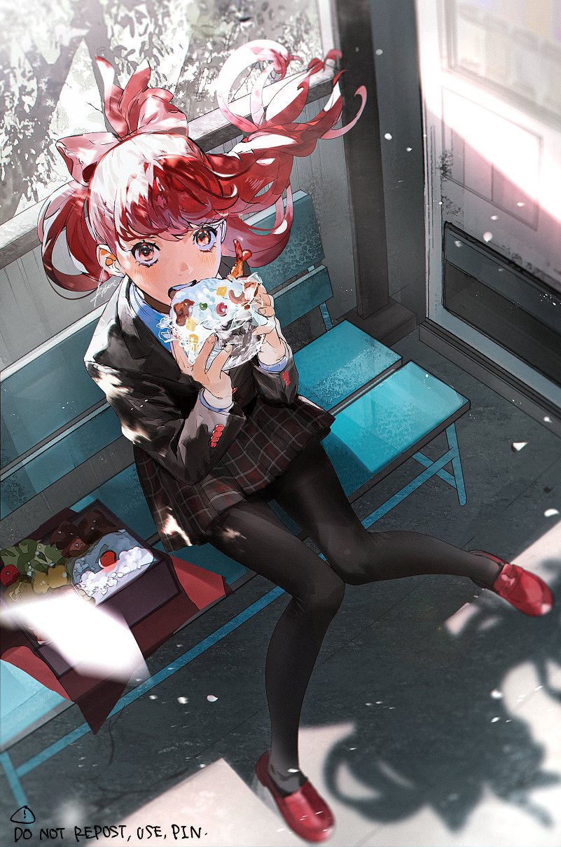 1girl bench black_jacket black_pantyhose bow btmr_game day eating food hair_bow highres holding holding_food jacket long_hair long_sleeves looking_at_viewer outdoors pantyhose persona persona_5 persona_5_the_royal plaid plaid_skirt ponytail red_bow red_eyes red_footwear red_hair school_uniform shoes shuujin_academy_school_uniform sitting skirt solo yoshizawa_kasumi