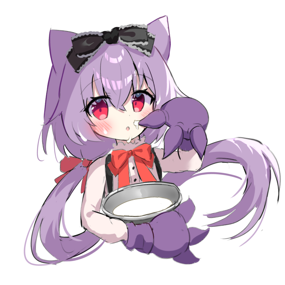 1girl :o animal_ears bangs black_bow bow copyright_request cropped_torso floating_hair food food_on_face gloves hair_between_eyes hair_bow long_hair long_sleeves looking_at_viewer low_twintails mixing_bowl parted_lips purple_gloves purple_hair red_bow red_eyes shirt siera_(sieracitrus) simple_background solo twintails upper_body very_long_hair white_background white_shirt