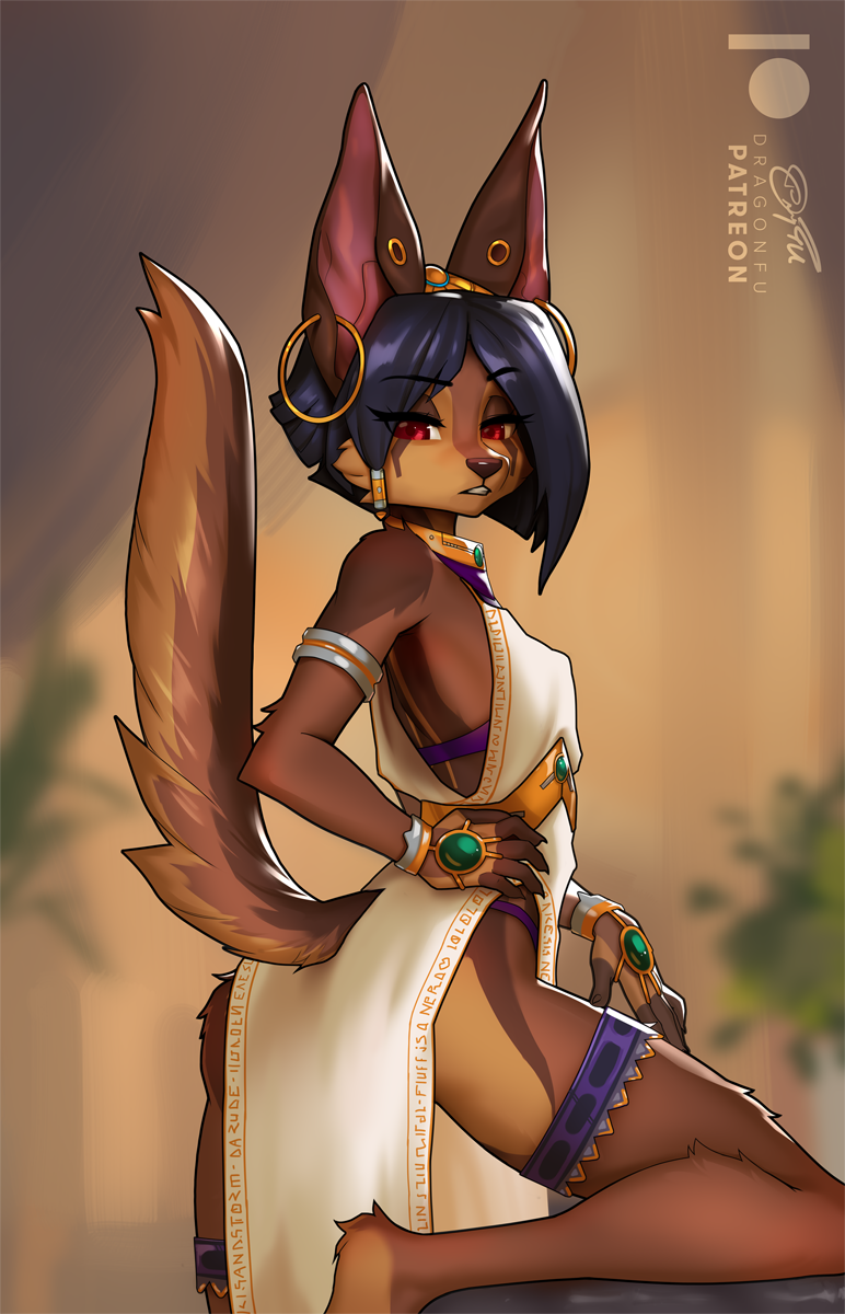 anthro black_hair brown_body brown_fur canid canine dragonfu female fur hair hi_res legband looking_at_viewer looking_back looking_back_at_viewer mammal solo thighband