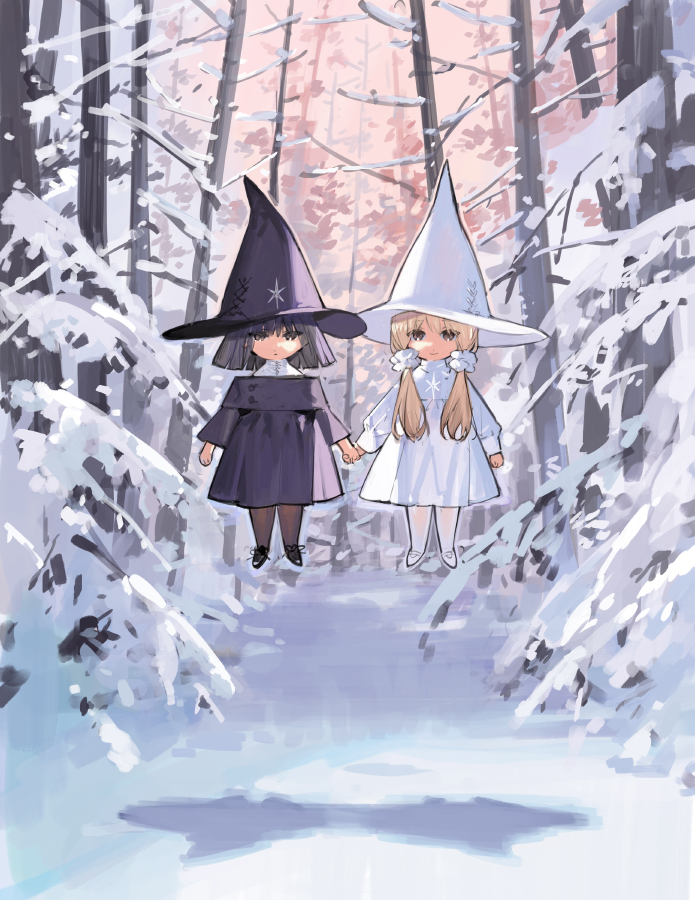 2girls arms_at_sides black_dress black_footwear black_hair black_headwear black_pantyhose blunt_ends bob_cut chibi closed_mouth commentary day dress floating forest full_body hair_ornament hair_over_shoulder hair_scrunchie hat holding_hands long_hair looking_at_viewer low_twintails multiple_girls nature original outdoors pantyhose scrunchie shoes short_hair snow starshadowmagician twintails white_dress white_footwear white_headwear white_pantyhose witch witch_hat