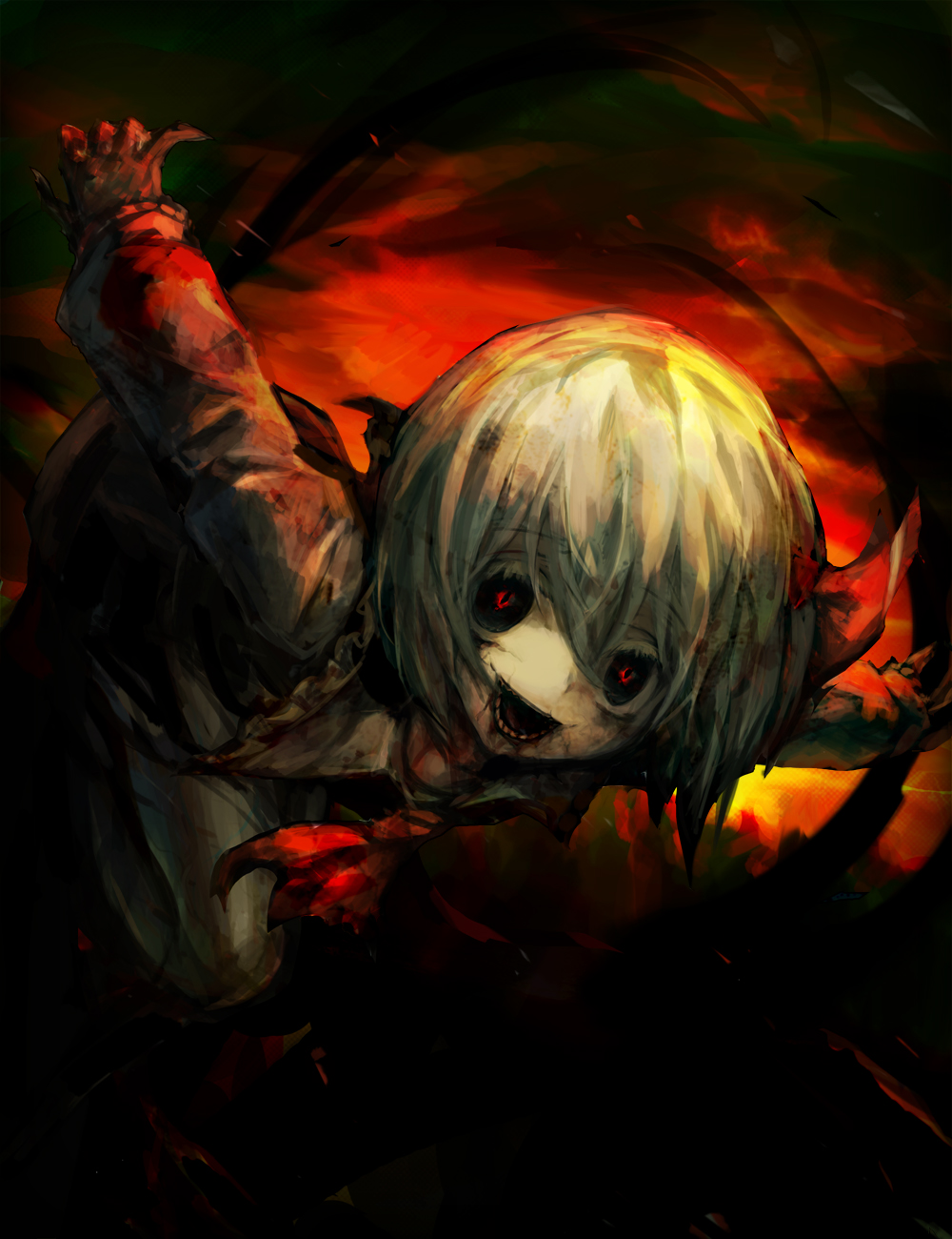 1girl ascot black_sclera blonde_hair blood blood_on_clothes colored_sclera commentary_request eyelashes frilled_shirt_collar frills full_body hair_between_eyes highres horror_(theme) long_sleeves looking_at_viewer medium_bangs open_mouth outstretched_arms pale_skin red_ascot red_background red_eyes rumia shirt short_hair smile solo spark621 spread_arms teeth touhou white_shirt