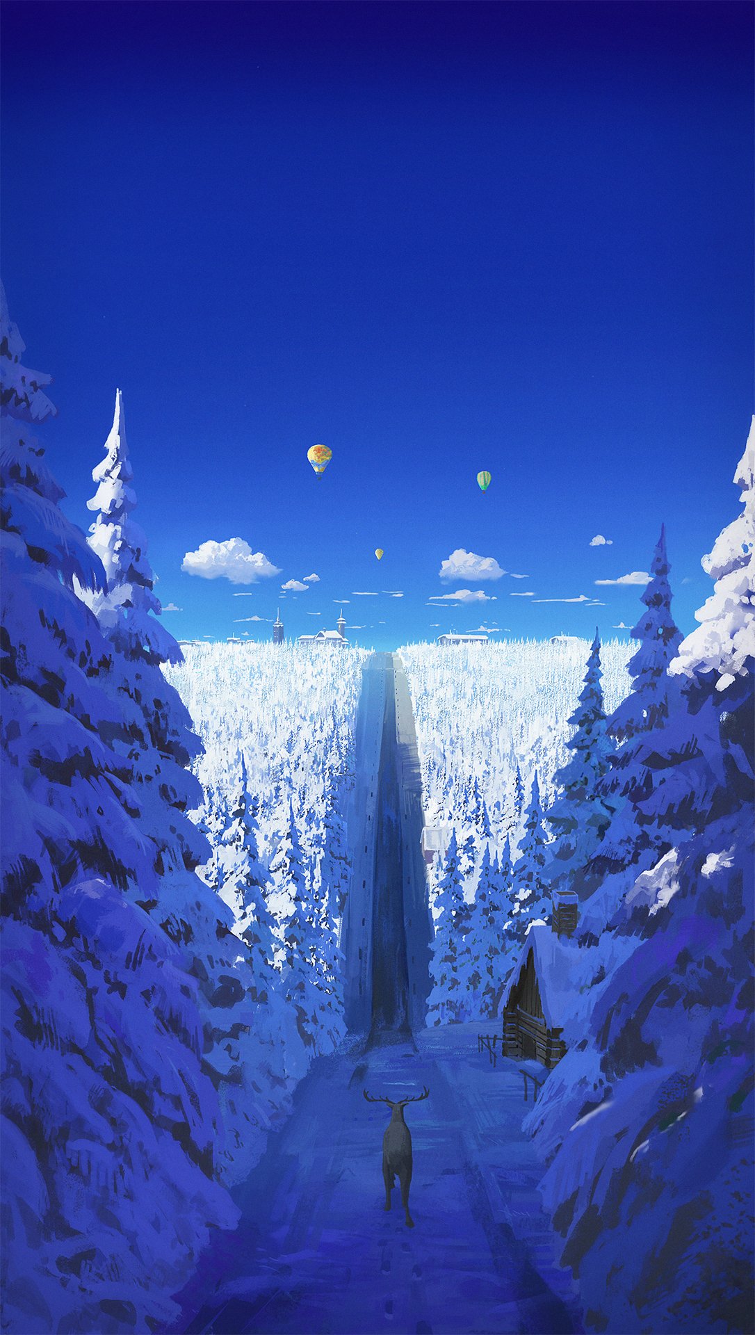 aircraft blue_sky building cloud commentary cyclecircle day deer english_commentary fence forest highres hot_air_balloon hut nature no_humans original outdoors road scenery shadow sky snow tree wide_shot