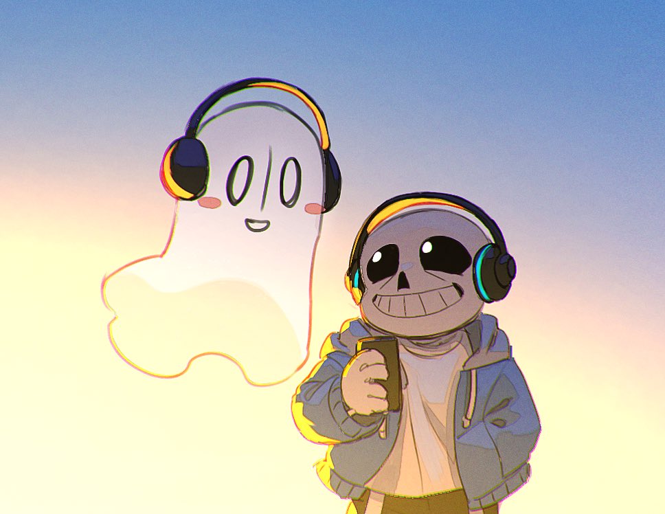 1boy 1other black_shorts blue_jacket blush ghost hand_in_pocket headphones holding holding_phone hood hood_down jacket korokor59513559 napstablook open_clothes open_jacket phone sans shirt shorts smile teeth undertale white_shirt