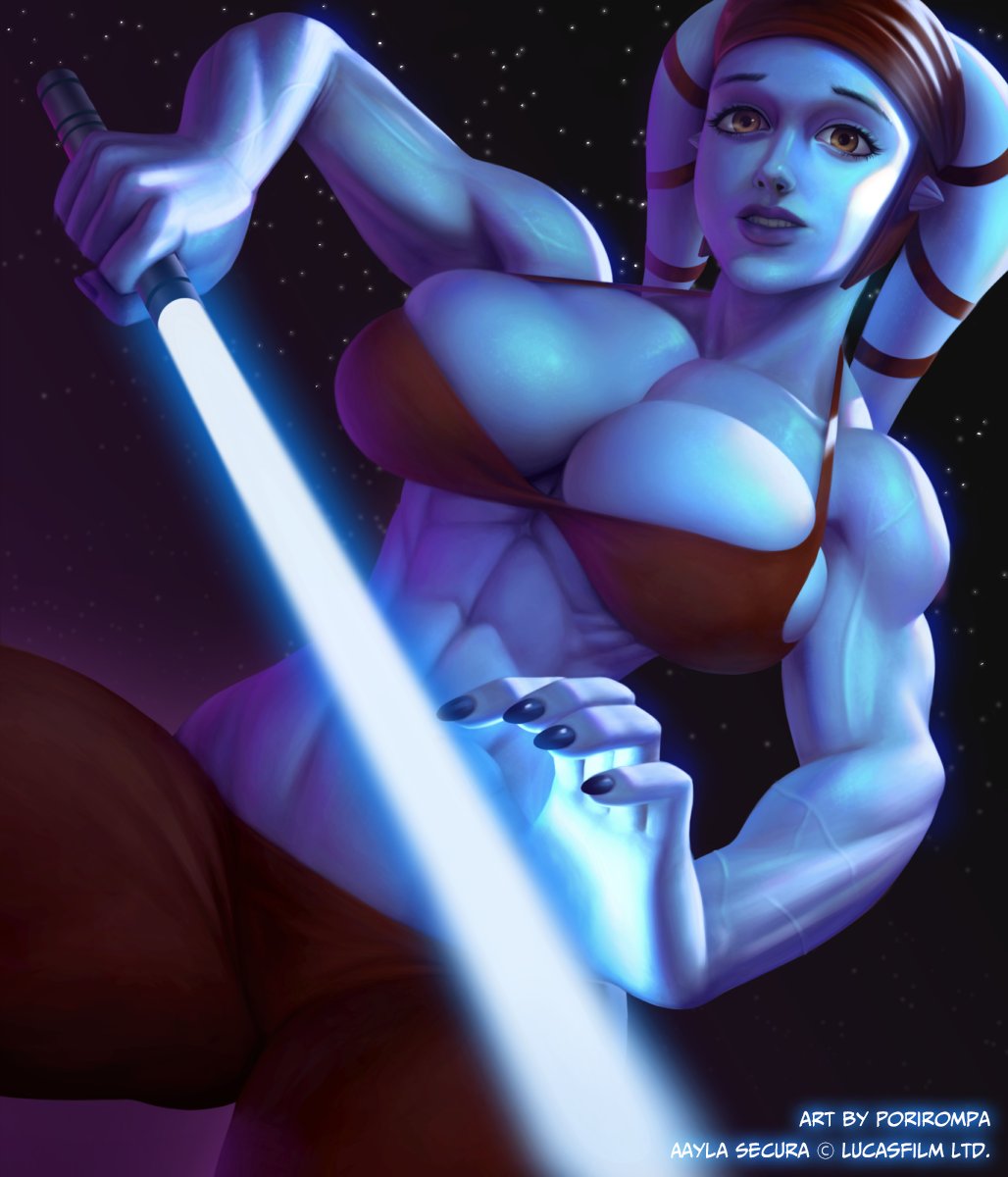 1girl aayla_secura abs alien alternate_muscle_size blue_skin breasts cleavage colored_skin energy_sword highres large_breasts lightsaber looking_down muscular muscular_female nail_polish orange_eyes porirompa solo star_(sky) star_wars sword toned twi'lek veins veiny_arms weapon