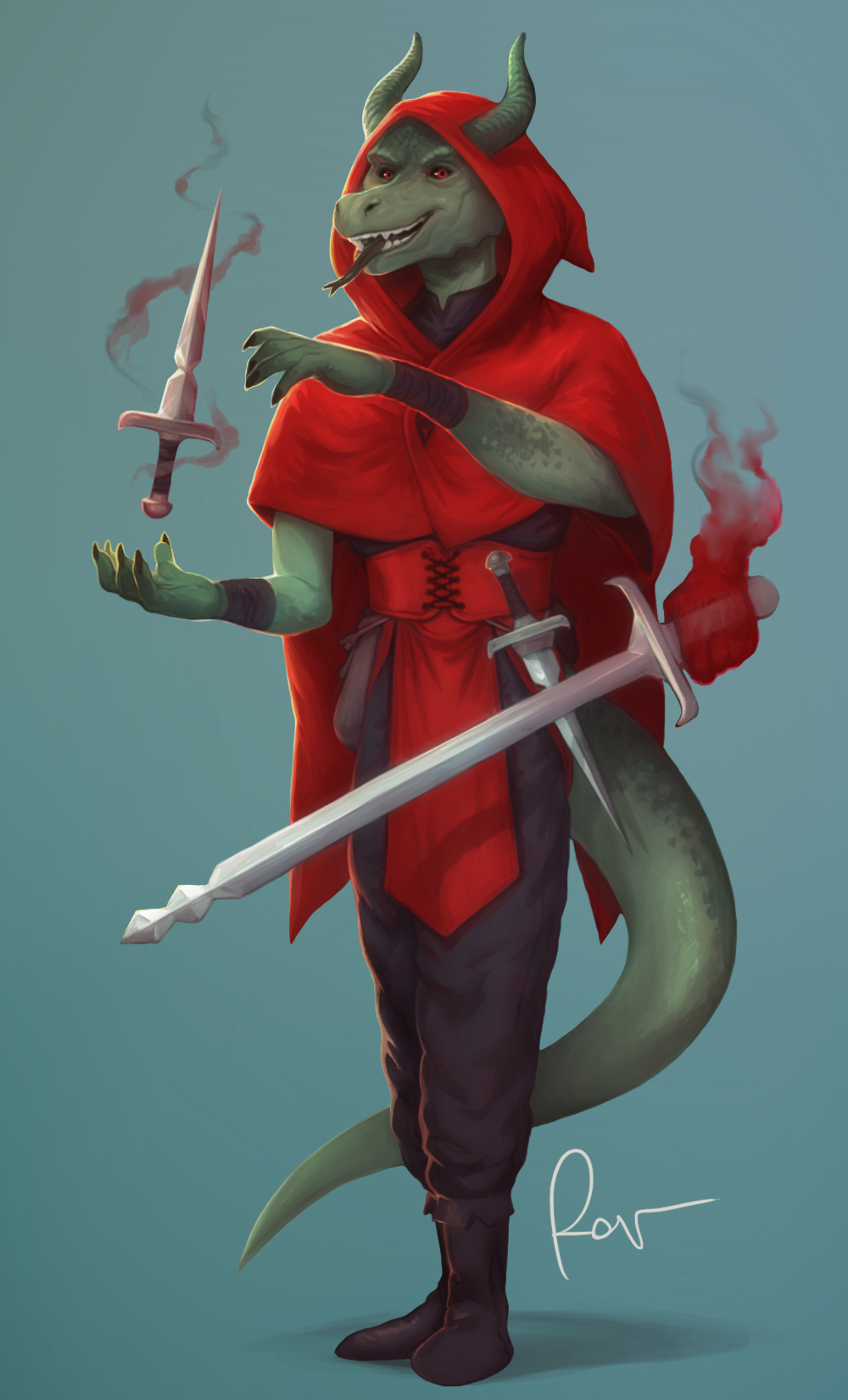 5_fingers anthro black_clothing bottomwear clothed clothing dragon fingers footwear forked_tongue fully_clothed hi_res melee_weapon open_mouth pants red_clothing red_eyes reptile rov scales scalie solo sword tongue tongue_out weapon