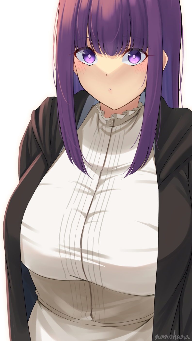 1girl artist_name black_jacket blush breasts collar commentary fern_(sousou_no_frieren) frilled_collar frills highres jacket large_breasts long_hair looking_at_viewer nanohana_(november.) open_clothes open_jacket parted_lips purple_eyes purple_hair shirt shirt_tucked_in signature simple_background skirt solo sousou_no_frieren straight_hair upper_body white_background white_shirt white_skirt