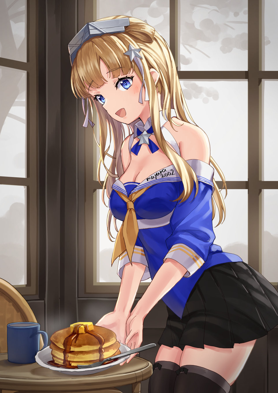 1girl black_skirt black_thighhighs blonde_hair blue_eyes blue_shirt blush breasts cleavage cowboy_shot cup fletcher_(kancolle) food fork hair_ornament highres indoors kantai_collection large_breasts long_hair mayura_(lucadia) neckerchief off-shoulder_shirt off_shoulder open_mouth pancake plate pleated_skirt sailor_collar shirt skirt sleeves_past_elbows smile solo star_(symbol) star_hair_ornament thighhighs white_sailor_collar yellow_neckerchief